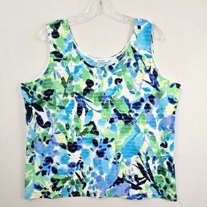 TanJay Sleeveless Scoop Neck Floral Print Women Top Blue Green Yellow L